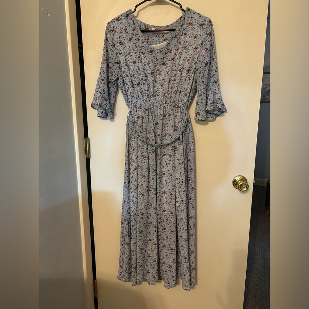 Blue floral, ankle length dress